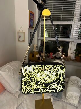 Michael Kors Black Crossbody Bag Neon Yellow Graffiti Floral Print 7”x 10” NWOT